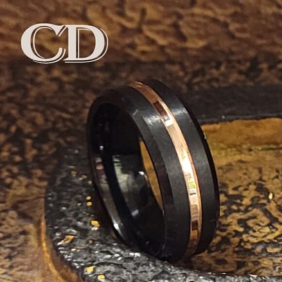 Men's Real Black Tungsten Wedding Ring 14K Gold Filled Center Groove Gold Line - Picture 10 of 11